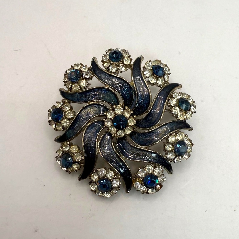 Vintage Blue Enamel Rhinestone‎ Brooch Swirl Floral Pin Silver Tone Statement